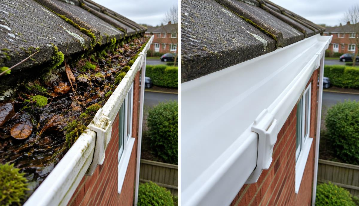 Before and after gutter cleaning on a house in Belfast